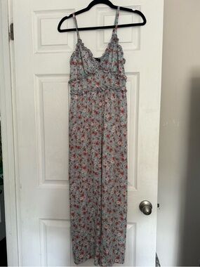 Sleeveless Floral Spaghetti-Strap Jumpsuit - Light Blue with Pink Floral